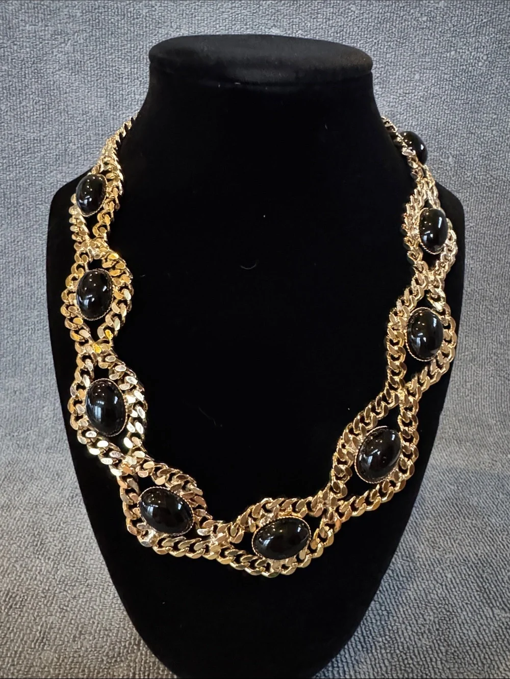 Gold Colored Chain Necklace with Black Stone Accents - Elegant Women’s Jewelry
